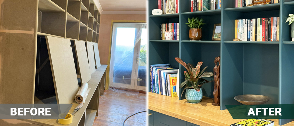 before and after image of a bookshelve project for this house living room renovation project
