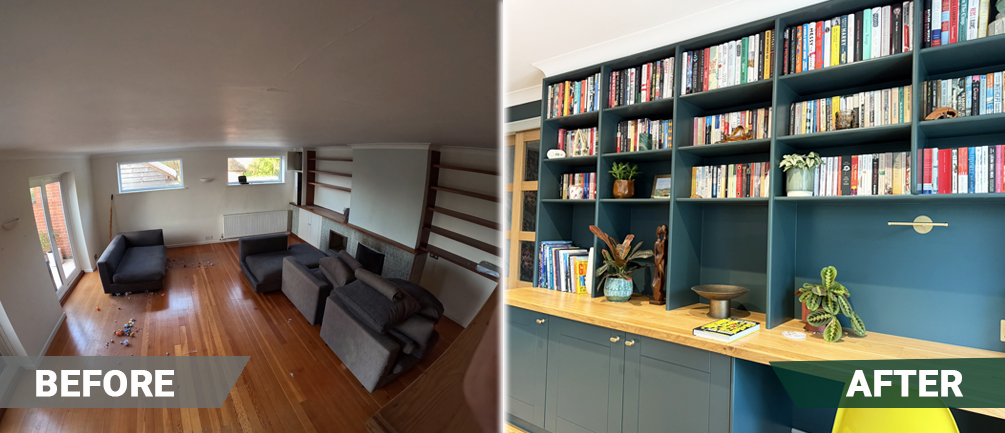before and after photos of this house bookshelves interior living room renovation project