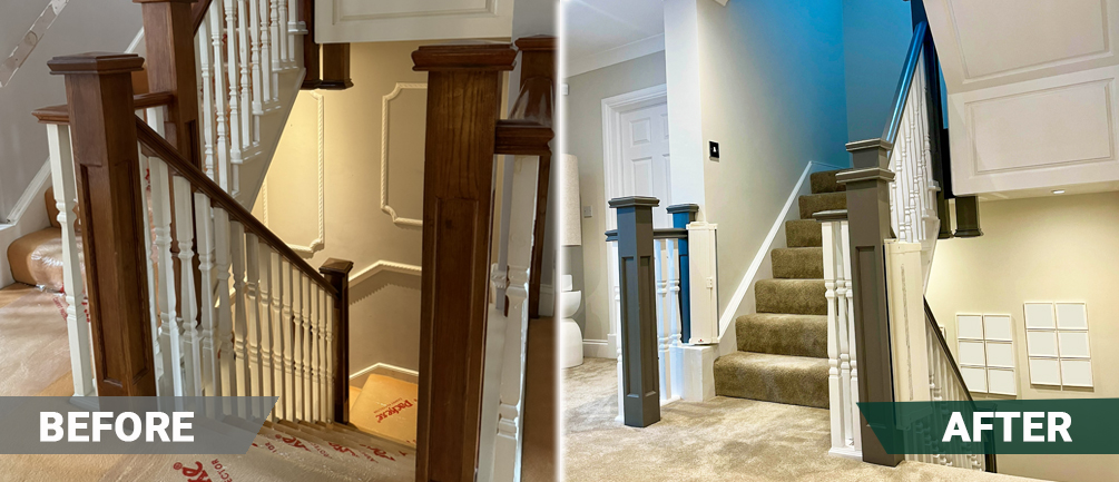 before and after photos of staircase interior painting service for this house renovation project 2