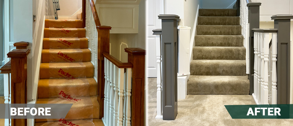 before and after photos of staircase interior painting service for this house renovation project