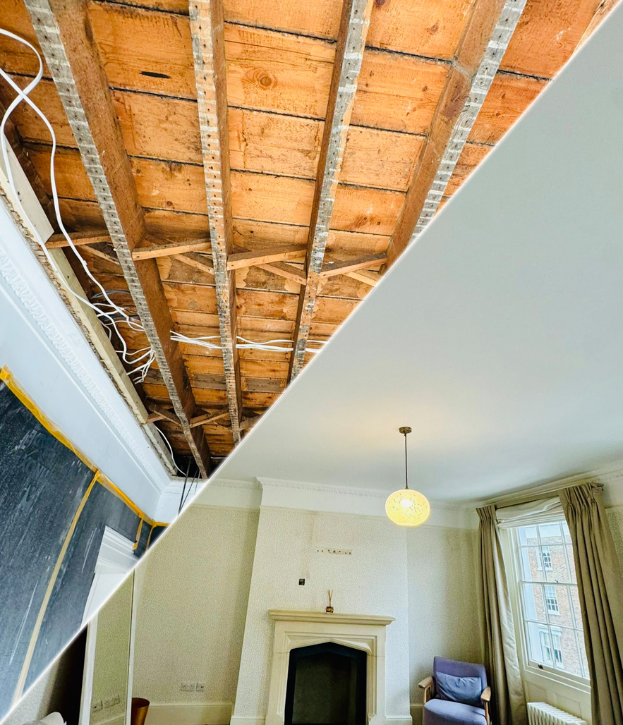 Ceiling carpentry service - before and after - cross
